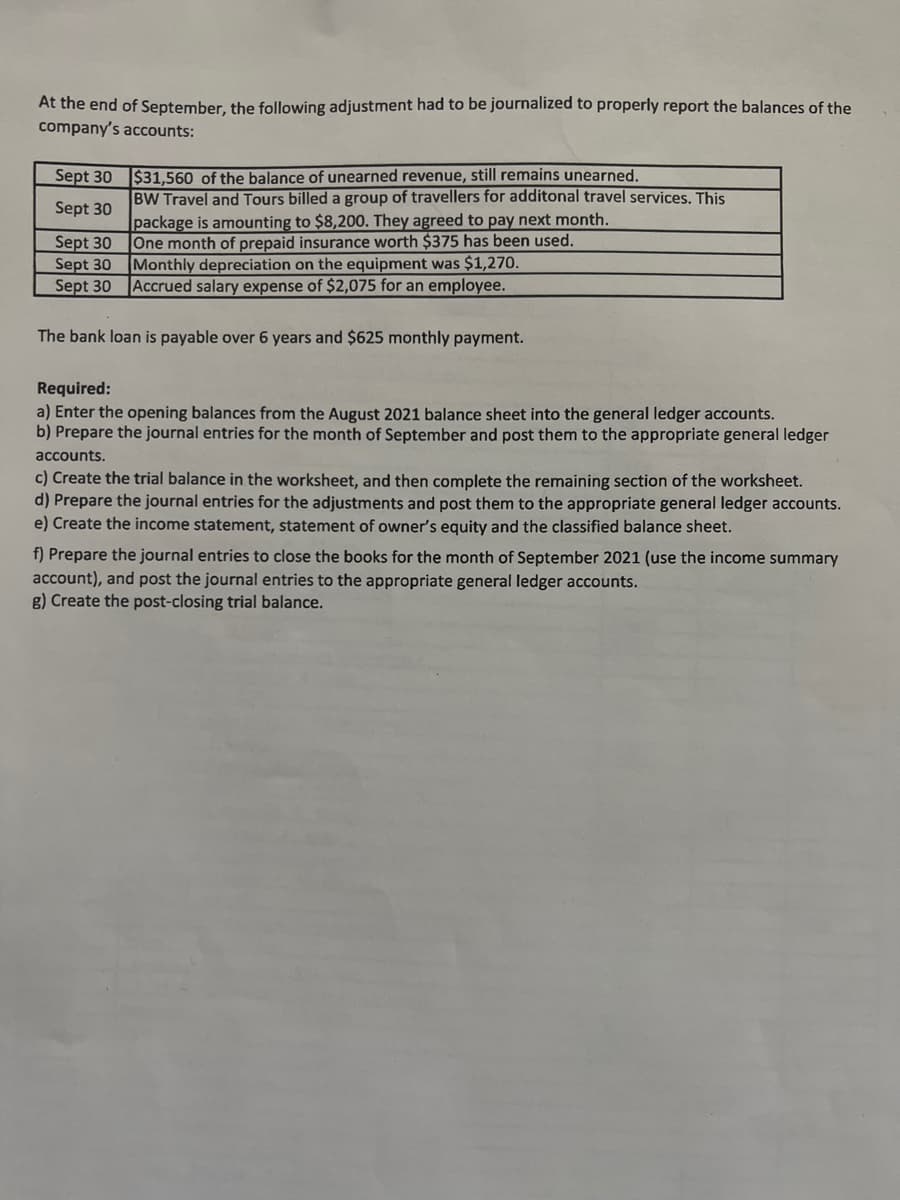 At the end of September, the following adjustment had to be journalized to properly report the balances of the
company's accounts:
Sept 30
$31,560 of the balance of unearned revenue, still remains unearned.
Sept 30
Sept 30
Sept 30
BW Travel and Tours billed a group of travellers for additonal travel services. This
package is amounting to $8,200. They agreed to pay next month.
One month of prepaid insurance worth $375 has been used.
Monthly depreciation on the equipment was $1,270.
Accrued salary expense of $2,075 for an employee.
Sept 30
The bank loan is payable over 6 years and $625 monthly payment.
Required:
a) Enter the opening balances from the August 2021 balance sheet into the general ledger accounts.
b) Prepare the journal entries for the month of September and post them to the appropriate general ledger
accounts.
c) Create the trial balance in the worksheet, and then complete the remaining section of the worksheet.
d) Prepare the journal entries for the adjustments and post them to the appropriate general ledger accounts.
e) Create the income statement, statement of owner's equity and the classified balance sheet.
f) Prepare the journal entries to close the books for the month of September 2021 (use the income summary
account), and post the journal entries to the appropriate general ledger accounts.
g) Create the post-closing trial balance.