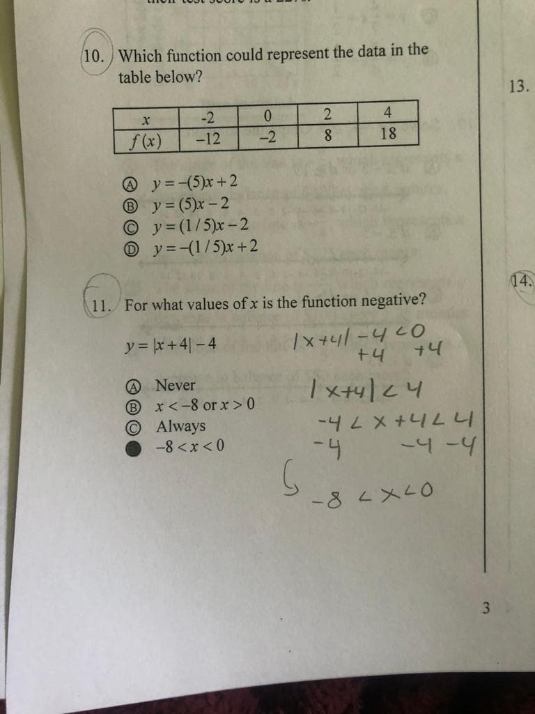 10. Which function could represent the data in the
table below?
X
f(x)
-2
-12
y = -(5)x+2
Ⓡy=(5)x-2
Oy=(1/5)x-2
y=-(1/5)x+2
y = x +41-4
Never
x <-8 or x > 0
11. For what values of x is the function negative?
1x+41-420
+4
1x+4|24
A
B
© Always
0
-2
-8<x<0
2
8
4
18
+4
-42 X+424
-4
-4-4
-82X40
3
13.
14.