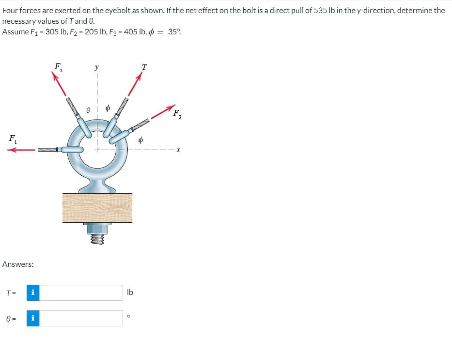 Four forces are exerted on the eyebolt as shown. If the net effect on the bolt is a direct pull of 535 lb in the y-direction, determine the
necessary values of T and 0.
Assume F₁ = 305 lb, F₂ = 205 lb, F3 = 405 lb, p = 35°
F₂
y
T
2
ΘΙ Φ
F₁
Answers:
T =
i
0 =
MI
i
lb
0
F,
3
x