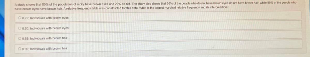 A study shows that 80% of the population of a city have brown eyes and 20% do not. The study also shows that 30% of the people who do not have brown eyes do not have brown hair, while 90% of the people who
have brown eyes have brown hair. A relative frequency table was constructed for this data. What is the largest marginal relative frequency and its interpretation?
O 0.72; Individuals with brown eyes
O 0.80; Individuals with brown eyes
O 0.86; Individuals with brown hair
O 0.90; Individuals with brown hair