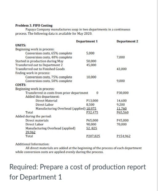 Problem 3. FIFO Costing
Papaya Company manufactures soap in two departments in a continuous
process. The following data is available for May 2020.
Department 1
Department 2
UNITS:
Beginning work in process:
Conversion costs, 65% complete
5,000
Conversion costs, 40% complete
Started in production during May
Transferred out to Department 2
Transferred out to Finished Goods
7,000
50,000
45,000
43,000
Ending work in process:
Conversion costs, 75% complete
Conversion costs, 50% complete
COSTS:
Beginning work in process:
Transferred in costs from prior department
Added this department:
10,000
9,000
P30,000
P13,000
8,500
Manufacturing Overhead (applied) 10.975
P32,475
14,600
9,200
11.760
P65,560
Direct Material
Direct Labor
Total
Added during the period:
Direct materials
P65,000
90,000
P45,000
70,000
Direct Labor
Manufacturing Overhead (applied)
39.962
Total
52,825
P207,825
P154,962
Additional Information:
All direct materials are added at the beginning of the process of each department
while conversion costs are applied evenly during the process.
Required: Prepare a cost of production report
for Department 1
