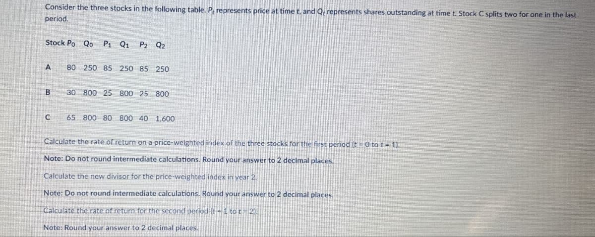 Consider the three stocks in the following table. P, represents price at time t, and Q, represents shares outstanding at time t. Stock C splits two for one in the last
period.
Stock Po Qo P₁ Q1 P2 Q2
A
80 250 85 250 85 250
B
30 800 25 800 25 800
C
65 800 80 800 40 1,600
Calculate the rate of return on a price-weighted index of the three stocks for the first period (t = 0 tot 1).
Note: Do not round intermediate calculations. Round your answer to 2 decimal places.
Calculate the new divisor for the price-weighted index in year 2.
Note: Do not round intermediate calculations. Round your answer to 2 decimal places.
Calculate the rate of return for the second period (t - 1 to t=2).
Note: Round your answer to 2 decimal places.