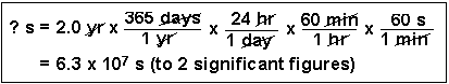 24 hr , 60 min
60 s
365 days
1 yr
? s = 2.0 yr x
1 day
1 br
1 min
= 6.3 x 107 s (to 2 significant figures)
