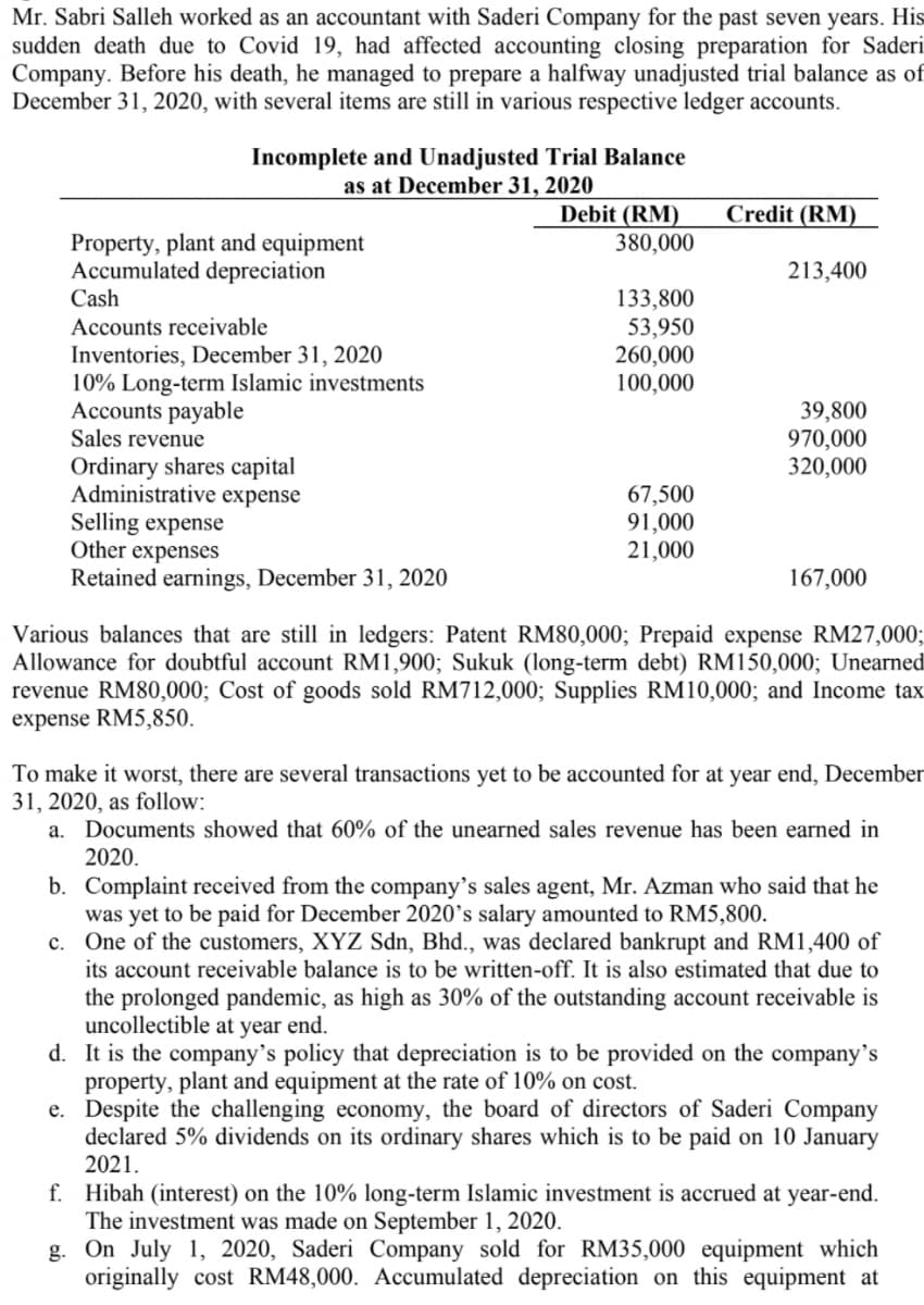 Mr. Sabri Salleh worked as an accountant with Saderi Company for the past seven years. His
sudden death due to Covid 19, had affected accounting closing preparation for Saderi
Company. Before his death, he managed to prepare a halfway unadjusted trial balance as of
December 31, 2020, with several items are still in various respective ledger accounts.
Incomplete and Unadjusted Trial Balance
as at December 31, 2020
Debit (RM)
380,000
Credit (RM)
Property, plant and equipment
Accumulated depreciation
213,400
Cash
133,800
53,950
260,000
100,000
Accounts receivable
Inventories, December 31, 2020
10% Long-term Islamic investments
Accounts payable
39,800
970,000
320,000
Sales revenue
Ordinary shares capital
Administrative expense
Selling expense
Other expenses
Retained earnings, December 31, 2020
67,500
91,000
21,000
167,000
Various balances that are still in ledgers: Patent RM80,000; Prepaid expense RM27,0003;
Allowance for doubtful account RM1,900; Sukuk (long-term debt) RM150,000; Unearned
revenue RM80,000; Cost of goods sold RM712,000; Supplies RM10,000; and Income tax
expense RM5,850.
To make it worst, there are several transactions yet to be accounted for at year end, December
31, 2020, as follow:
a. Documents showed that 60% of the unearned sales revenue has been earned in
2020.
b. Complaint received from the company's sales agent, Mr. Azman who said that he
was yet to be paid for December 2020’s salary amounted to RM5,800.
c. One of the customers, XYZ Sdn, Bhd., was declared bankrupt and RM1,400 of
its account receivable balance is to be written-off. It is also estimated that due to
the prolonged pandemic, as high as 30% of the outstanding account receivable is
uncollectible at year end.
d. It is the company's policy that depreciation is to be provided on the company’s
property, plant and equipment at the rate of 10% on cost.
e. Despite the challenging economy, the board of directors of Saderi Company
declared 5% dividends on its ordinary shares which is to be paid on 10 January
2021.
f. Hibah (interest) on the 10% long-term Islamic investment is accrued at year-end.
The investment was made on September 1, 2020.
g. On July 1, 2020, Saderi Company sold for RM35,000 equipment which
originally cost RM48,000. Accumulated depreciation on this equipment at
