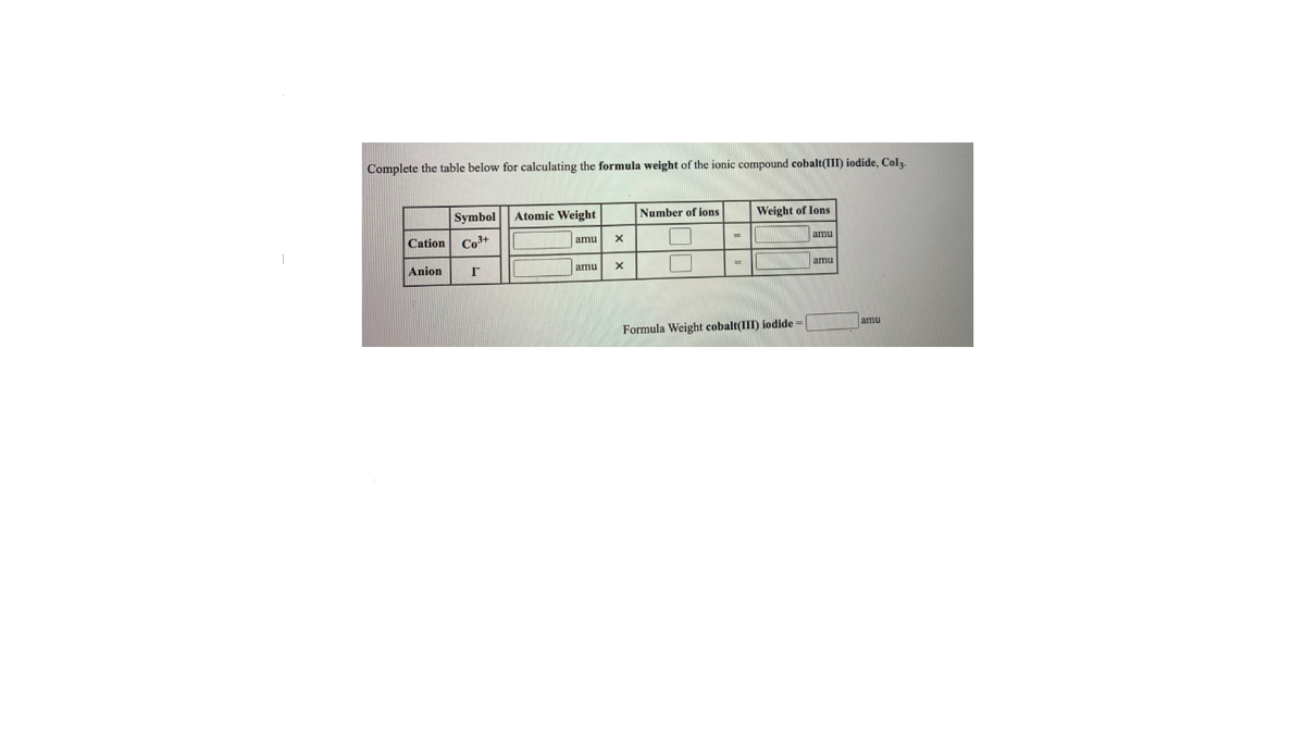 Complete the table below for calculating the formula weight of the ionic compound cobalt(III) iodide, Colz.
Symbol
Atomic Weight
Number of ions
Weight of Ions
Cation
Co3+
amu
amu
Anion
amu
amu
amu
Formula Weight cobalt(III) iodide =
