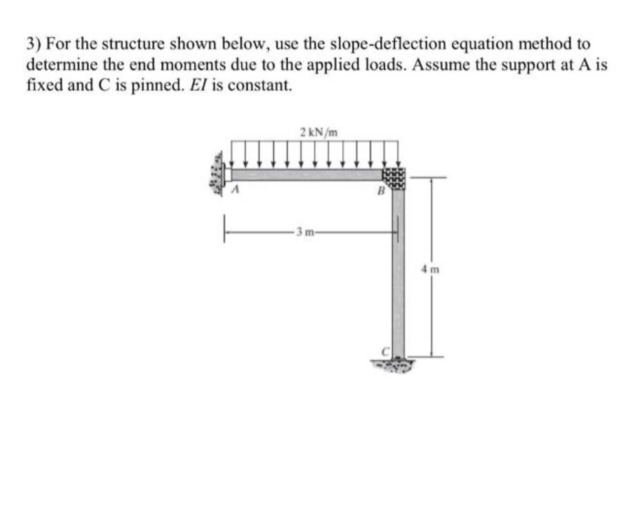 3) For the structure shown below, use the slope-deflection equation method to
determine the end moments due to the applied loads. Assume the support at A is
fixed and C is pinned. El is constant.
2 kN/m
-3 m-
4 m
