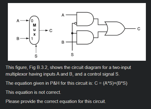 A
B
0
MUX
S
B
S
This figure, Fig B.3.2, shows the circuit diagram for a two-input
multiplexor having inputs A and B, and a control signal S.
The equation given in P&H for this circuit is: C = (A*S)+(B*S)
This equation is not correct.
Please provide the correct equation for this circuit.