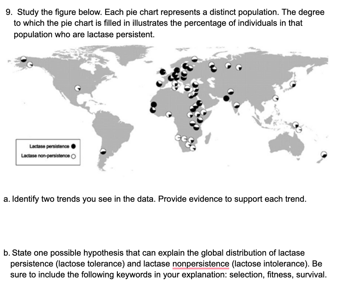 9. Study the figure below. Each pie chart represents a distinct population. The degree
to which the pie chart is filled in illustrates the percentage of individuals in that
population who are lactase persistent.
Lactase persistence
Lactase non-persistence O
a. Identify two trends you see in the data. Provide evidence to support each trend.
b. State one possible hypothesis that can explain the global distribution of lactase
persistence (lactose tolerance) and lactase nonpersistence (lactose intolerance). Be
sure to include the following keywords in your explanation: selection, fitness, survival.
