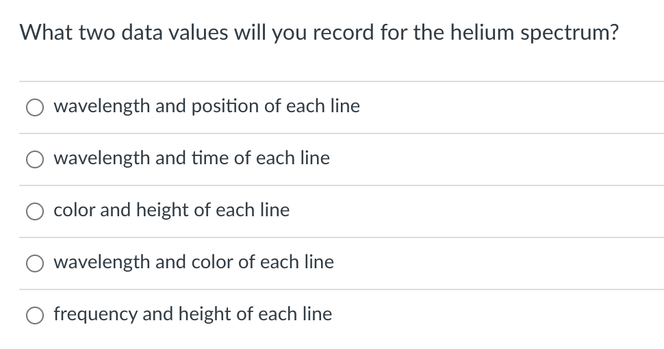 What two data values will you record for the helium spectrum?
wavelength and position of each line
wavelength and time of each line
color and height of each line
wavelength and color of each line
frequency and height of each line
