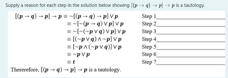 Supply a reason for each step in the solution below showing [(p → q) → p] → p is a tautology.
Step 1
Step 2
[(p → q) - p] →p = ~[(p→q) → p] V p
= -[~(p → q) V p] v p
= -[~(~p V q) v p] V p
= [(~p v q) A~p] V p
= [mpA(~p v q)] v p
= "p Vp
Step 3
Step 4
Step 5
Step 6
Step 7
=t
Thererefore, [(p q) p] p is a tautology.
