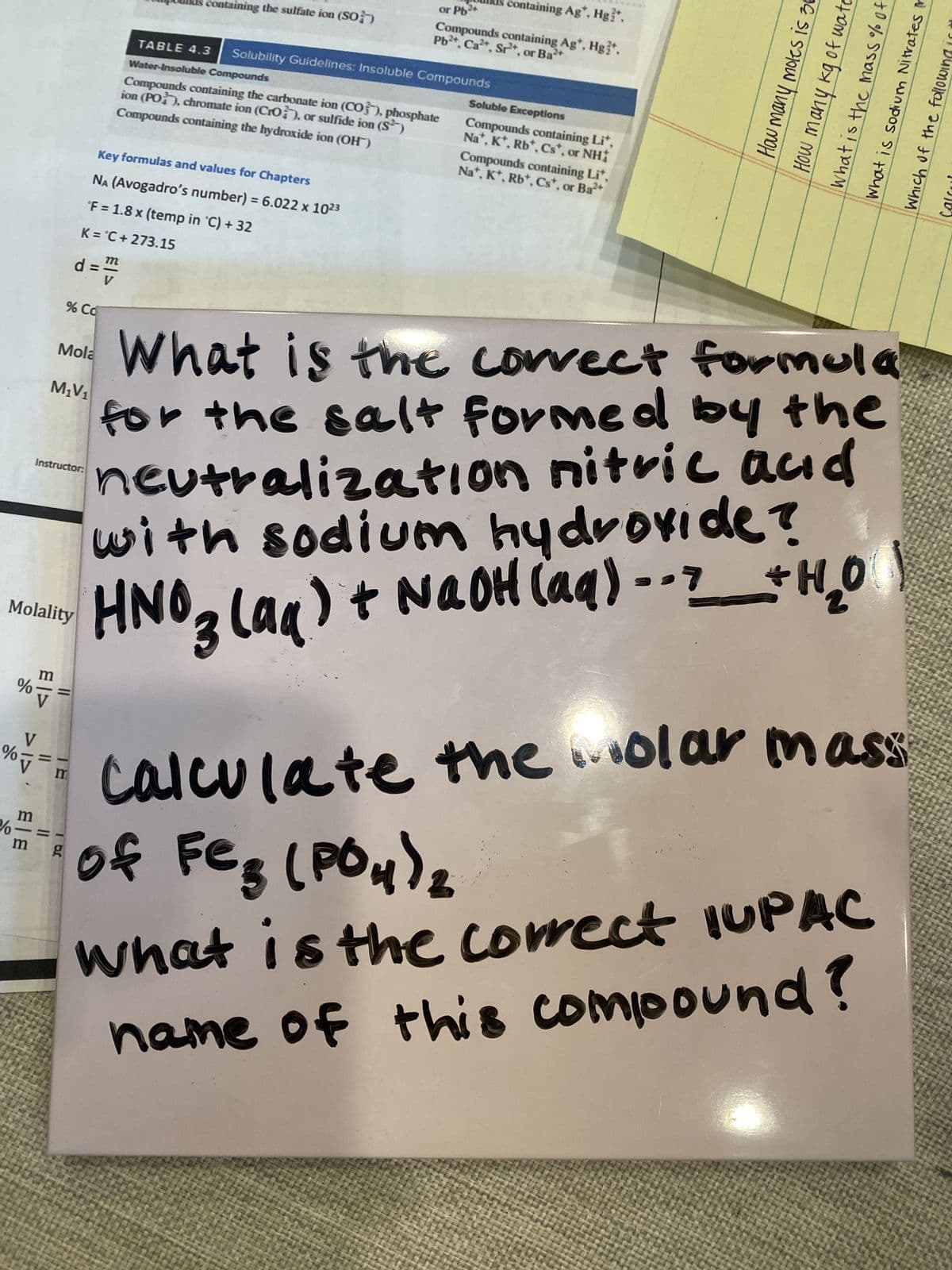 %
%
Molality
V
m
ELE
Instructor:
m
M₁V₁
11
11
Mola
m
d = = V
% Co
m
1 b.r
g
containing the sulfate ion (SO)
Key formulas and values for Chapters
NA (Avogadro's number) = 6.022 x 10²3
°F = 1.8 x (temp in °C) + 32
K = *C+273.15
containing Ag*. Hgi*,
or Pb²
Pb²+, Ca²+, Sr²+, or Ba²+
Compounds containing Ag*, Hg?*.
TABLE 4.3
Water-Insoluble Compounds
Compounds containing the carbonate ion (CO), phosphate
ion (PO), chromate ion (Cro), or sulfide ion (S²)
Compounds containing the hydroxide ion (OH)
Solubility Guidelines: Insoluble Compounds
Soluble Exceptions
Compounds containing Lit,
Na+, K+, Rb*, Cs*, or NH
What is the correct formula
for the salt formed by the
neutralization nitric acid
with sodium hydroxide?
HNO3(aq) + NaOH(aq) --7 + H₂O
2
Compounds containing Li*,
Na+, K+, Rb+, Cs*, or Ba²+
many moles is 36
How many kg of wate
What is the mass % of
What is sodium Nitrates
How
calculate the ...olar mass
of Fe₂ (PO4)₂
what is the correct IUPAC
name of this compound?
Which of the followi