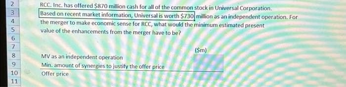 2
3
4
5
6789E
01
10
11
RCC. Inc. has offered $870 million cash for all of the common stock in Universal Corporation.
Based on recent market information, Universal is worth $730 million as an independent operation. For
the merger to make economic sense for RCC, what would the minimum estimated present
value of the enhancements from the merger have to be?
MV as an independent operation
Min. amount of synergies to justify the offer price
Offer price
($m)