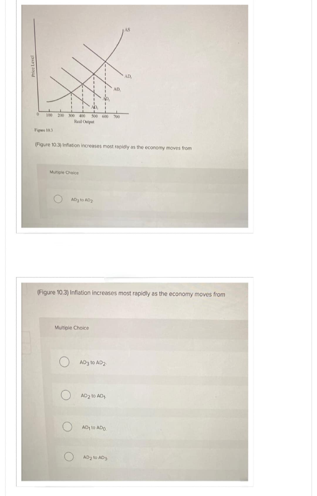 Price Level
0
100
Figure 10.3
I
I
AD
200 300 400 500 600 700
Real Output
Multiple Choice
1
AD3 to AD2
(Figure 10.3) Inflation increases most rapidly as the economy moves from
Multiple Choice
AD3 to AD2.
AD₁
(Figure 10.3) Inflation increases most rapidly as the economy moves from
AD2 to AD₁.
AD₁ to ADO.
AS
AD2 to AD3.
AD,