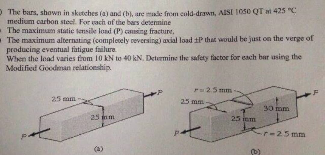 O The bars, shown in sketches (a) and (b), are made from cold-drawn, AISI 1050 QT at 425 °C
medium carbon steel. For each of the bars determine
The maximum static tensile load (P) causing fracture,
• The maximum alternating (completely reversing) axial load ±P that would be just on the verge of
producing eventual fatigue failure.
When the load varies from 10 kN to 40 kN. Determine the safety factor for each bar using the
Modified Goodman relationship.
r= 2.5 mm
25 mm
25 mm
30 mm
25 mm
25 mm
r D2.5 mm
