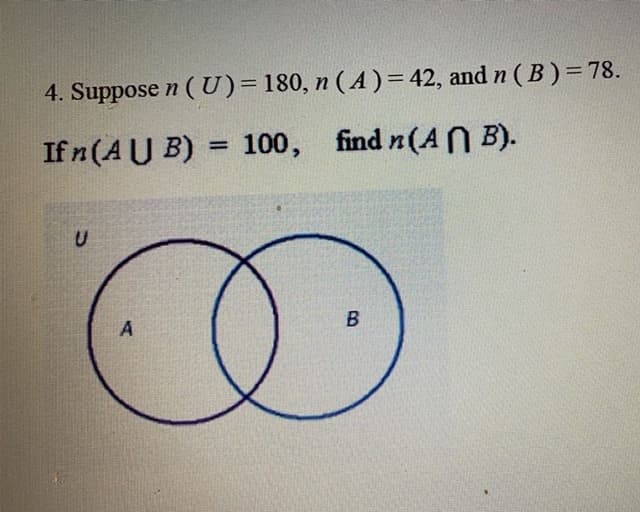 4. Suppose n ( U)=180, n ( A ) = 42, and n ( B) = 78.
Ifn (AU B) = 100, find n(A B).
%3D
A
B.
