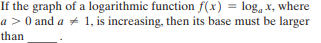 If the graph of a logarithmic function f(x) = log, x, where
a >0 and a + 1, is increasing, then its base must be larger
than
