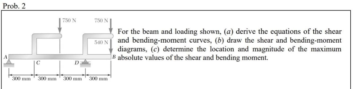 Prob. 2
750 N
750 N
For the beam and loading shown, (a) derive the equations of the shear
and bending-moment curves, (b) draw the shear and bending-moment
diagrams, (c) determine the location and magnitude of the maximum
|B absolute values of the shear and bending moment.
540 N
A
C
D
300 mm
300 mm
300 mm
300 mm
