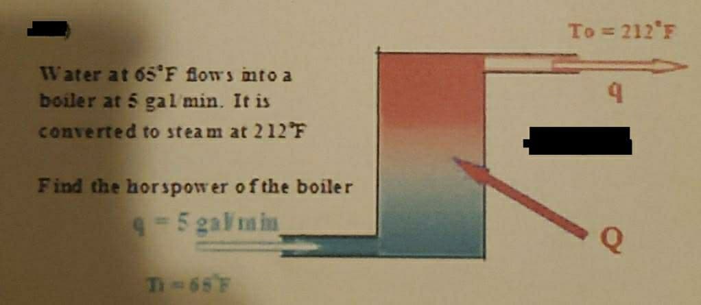 To = 212 F
Water at 65 F flows nto a
boiler at 5 gal min. It is
converted to steam at 212 F
Find the horspower of the boiler
9-5 galmin
T 65F
