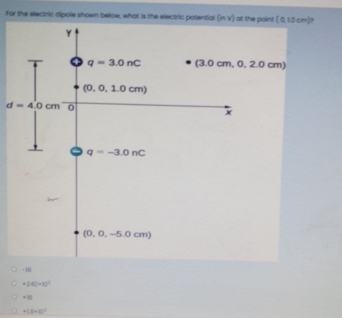 For the electric dipole shown below, what is the electric potential (in v) ot the point (Q L0 cm)
q- 3.0 nC
• (3.0 cm, 0, 2.0 cm)
(0, 0, 1.0 cm)
d-4.0 cm 0
O q--3.0 nC
(0, 0,-5.0 cm)
O-18
O+240 10
O18
+18 10
