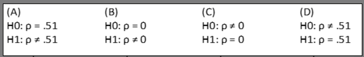 |(A)
HO: p = .51
(C)
HO: p + 0
H1: p = 0
(B)
(D)
HO: p = 0
HO: p + .51
%3D
H1: p + .51
H1: p + 0
H1: p = .51
