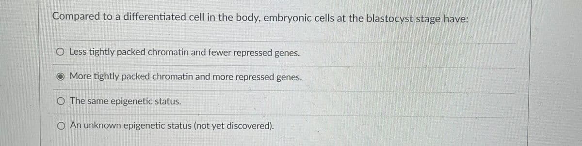 Compared to a differentiated cell in the body, embryonic cells at the blastocyst stage have:
O Less tightly packed chromatin and fewer repressed genes.
More tightly packed chromatin and more repressed genes.
O The same epigenetic status.
O An unknown epigenetic status (not yet discovered).