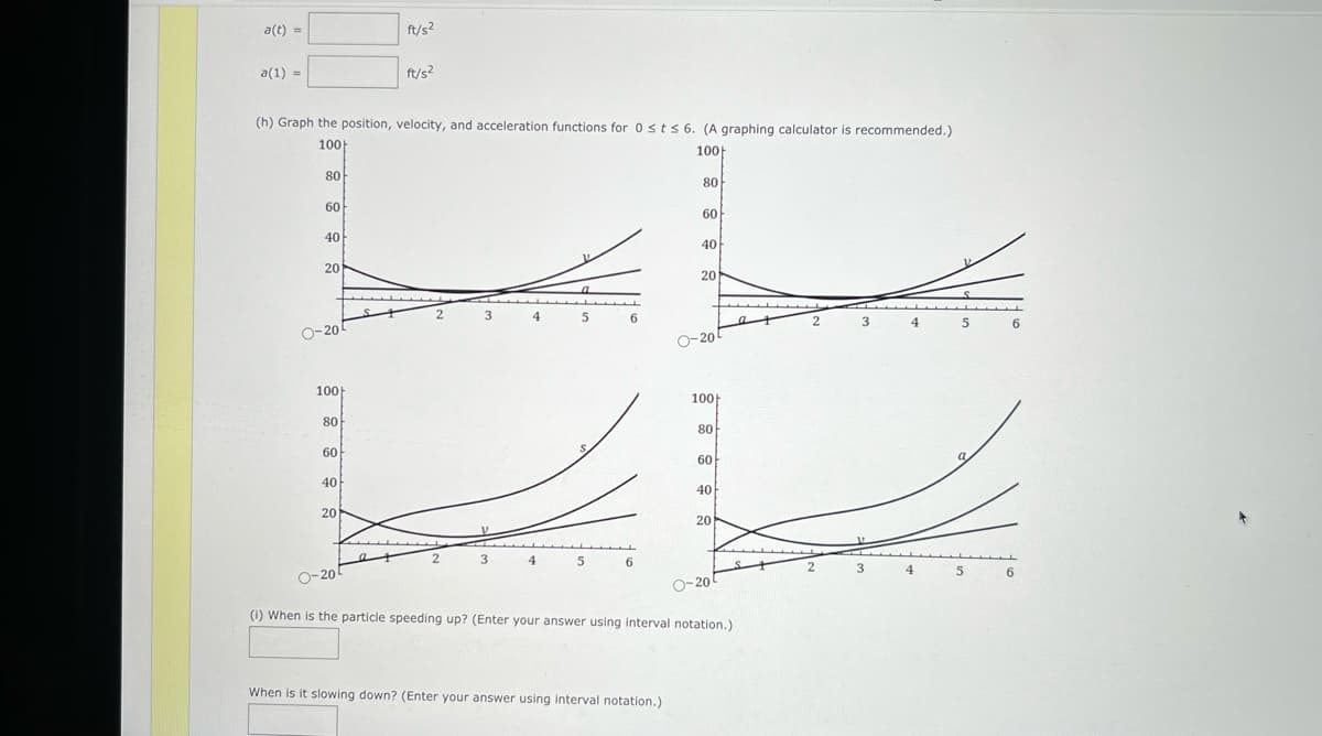 a(t) =
ft/s2
a(1) =
ft/s?
(h) Graph the position, velocity, and acceleration functions for 0sts 6. (A graphing calculator is recommended.)
100
100
80
80
60
60
40
40
20
20
3
4
2
3
6.
O-20
O-20
100
100
80
80
60
60
40
40
20
20
3
4
5
6.
О-20
4
6.
0-20
(i) When
the particle speeding up? (Enter your answer using interval notation.)
When is it slowing down? (Enter your answer using interval notation.)
