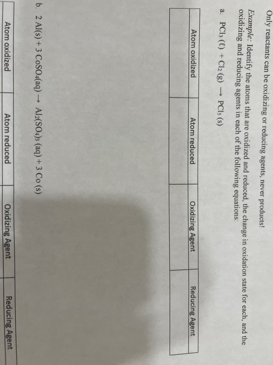 Only reactants can be oxidizing or reducing agents, never products!
Example: Identify the atoms that are oxidized and reduced, the change in oxidation state for each, and the
oxidizing and reducing agents in each of the following equations:
a. PC13 (C) + Cl₂ (g)
PC1s (s)
Atom oxidized
Atom reduced
b. 2 Al(s) + 3 CoSO4(aq) → Al2(SO4)3 (aq) + 3 Co (s)
Atom oxidized
Atom reduced
Oxidizing Agent
Oxidizing Agent
Reducing Agent
Reducing Agent