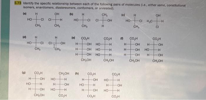 5.73 Identify the specific relationship between each of the following pairs of molecules (i.e., either same, constitutional
isomers, enantiomers, diastereomers, conformers, or unrelated).
(a)
H
CH,
(d)
(g)
НО
НО
H
HO
H
H
-CI CI
CH3
H
a
CH₂
CO H
OH
H
OH
CH₂OH
CI-
OH
CH₂
H
H
НО
Н
НО
OH
CH₂
(b)
OH
H
CO H
HO
(0)
H
H
H
CH OH (h)
H
CH₂
CI CI-
CO.H
H
CH₂OH
НО
H
-OH HO
OH НО
OH HO
CO H
OH
H
OH
CO₂H
H
OH
CO.H
H
НО
-H
CH OH
H
H
НО
CO H
-H
(c)
(1)
OH
H
CO H
НО
H-
Н-
H
Н
-CI H₂C-
CH₂
со н
OH
Н
OH HO
OH
Н
CH₂OH
OH
CI
со н
-H
OH
-Н
OH
CH.OH