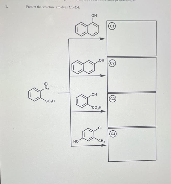 Predict the structure azo dyes C1-C4.
_ _ _ _ _
SO₂H
HO
OH
OH
OH
"CO,H
.CI
CH3
(C2)
(C3)
(C4)