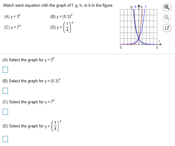 Match each equation with the graph of f, g, h, or k in the figure.
g hk f
(A) y = 3x
(B) y = (0.3)*
(C) y = 7*
(D) y =
(A) Select the graph for y = 3*.
(B) Select the graph for y = (0.3)*.
(C) Select the graph for y = 7*.
(D) Select the graph for y =
4
