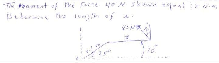 The moment of he Force 40 N shown equal 12 Nim
Determine me lenjm of x-
4ONR
in
250
