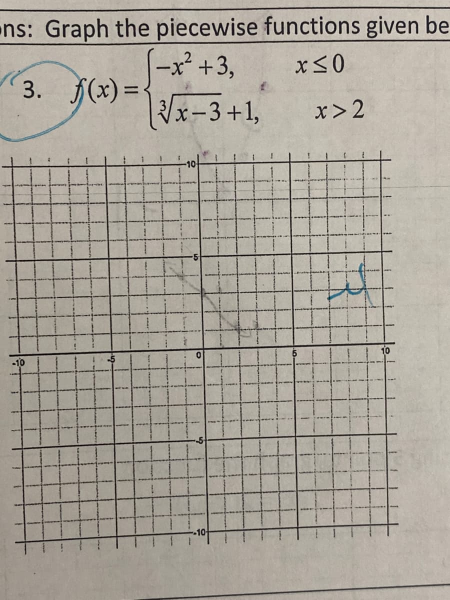 ns: Graph the piecewise functions given be
(-x² +3,
f(x) =
/x-3+1,
x> 2
-10
-10
