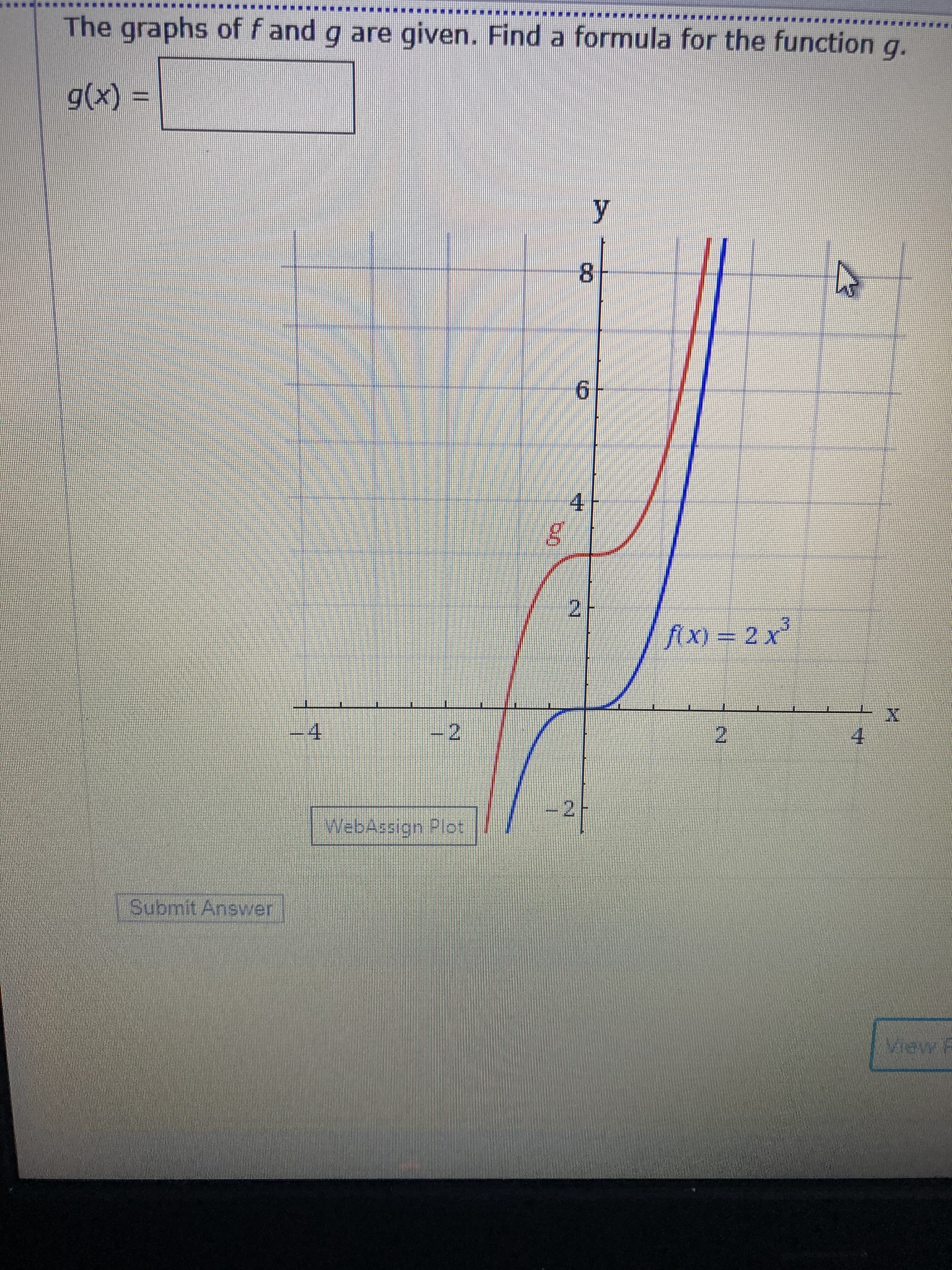 2)
2.
2.
1.
Submit Answer
WebAssign Plot
4.
4.
f(x) = 2 x
2.
9.
8.
= (x)6
The graphs of f and g are given. Find a formula for the function g.
***************** ****************
