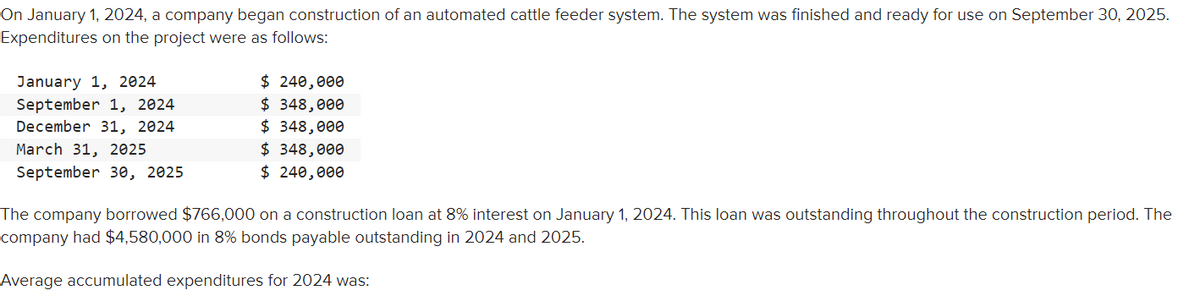 On January 1, 2024, a company began construction of an automated cattle feeder system. The system was finished and ready for use on September 30, 2025.
Expenditures on the project were as follows:
January 1, 2024
September 1, 2024
December 31, 2024
March 31, 2025
September 30, 2025
$ 240,000
$ 348,000
$ 348,000
$ 348,000
$ 240,000
The company borrowed $766,000 on a construction loan at 8% interest on January 1, 2024. This loan was outstanding throughout the construction period. The
company had $4,580,000 in 8% bonds payable outstanding in 2024 and 2025.
Average accumulated expenditures for 2024 was: