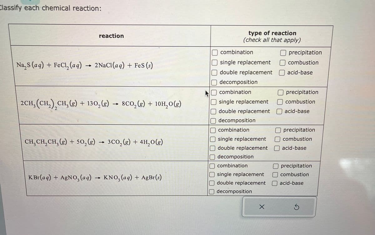 Classify each chemical reaction:
reaction
Na₂S (aq) + FeCl₂ (aq) → 2NaCl(aq) + FeS (s)
2CH₂(CH₂) CH₂(g) + 13O₂(g) → 8CO₂(g) + 10H₂O(g)
CH₂CH₂CH₂(g) + 50₂(g) → 3CO₂(g) + 4H₂O(g)
K Br(aq) + AgNO3(aq) → KNO3(aq) + AgBr(s)
type of reaction
(check all that apply)
combination
single replacement
double replacement
decomposition
combination
single replacement
double replacement
decomposition
combination
single replacement
double replacement
decomposition
combination
single replacement
double replacement
decomposition
X
precipitation
combustion
acid-base
precipitation
combustion
acid-base
precipitation
combustion
acid-base
precipitation
combustion
acid-base