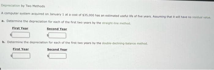 Depreciation by Two Methods
A computer system acquired on January 1 at a cost of $35,000 has an estimated useful life of five years. Assuming that it will have no residual value.
a. Determine the depreciation for each of the first two years by the straight-line method.
First Year
Second Year
b. Determine the depreciation for each of the first two years by the double-declining-balance method.
First Year
Second Year