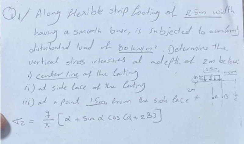 Q/Along flexible strip Looting of 2.5m width
having
a smooth buse, is subjected to aurilor
distributed load of 80 kN/m². Determine the
vertical stress intensitres al adepth of 2m below:
i) center line of the looting
2:5m
(1) at side face of the looting
2m
ii) at a point 1-5m, from the side lace t
T₂ = = [2 + Sin α cos (d+ 2B)]
옺[a
94