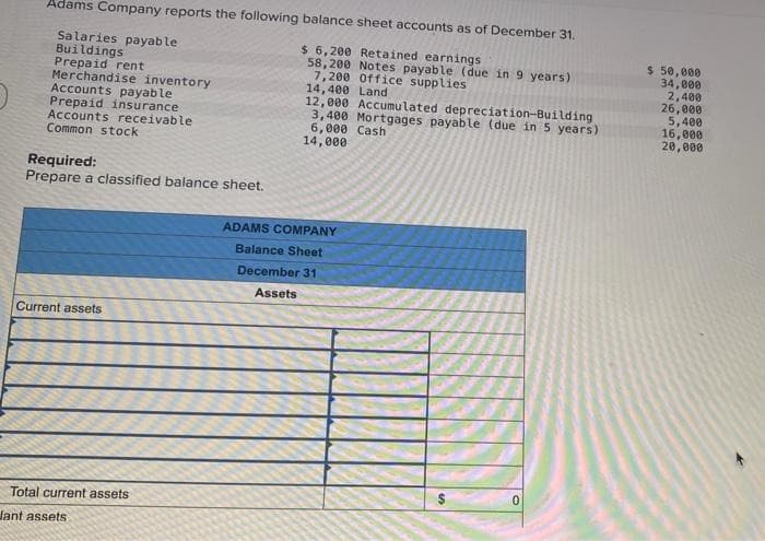 Adams Company reports the following balance sheet accounts as of December 31.
$ 6,200 Retained earnings
58,200 Notes payable (due in 9 years)
7,200 Office supplies
Salaries payable
Buildings
Prepaid rent
Merchandise inventory
Accounts payable
Prepaid insurance
Accounts receivable
Common stock
Required:
Prepare a classified balance sheet.
Current assets
Total current assets
lant assets
14,400 Land
12,000 Accumulated depreciation-Building
3,400 Mortgages payable (due in 5 years)
6,000 Cash
14,000
ADAMS COMPANY
Balance Sheet
December 31
Assets
$ 50,000
34,000
2,400
26,000
5,400
16,000
20,000