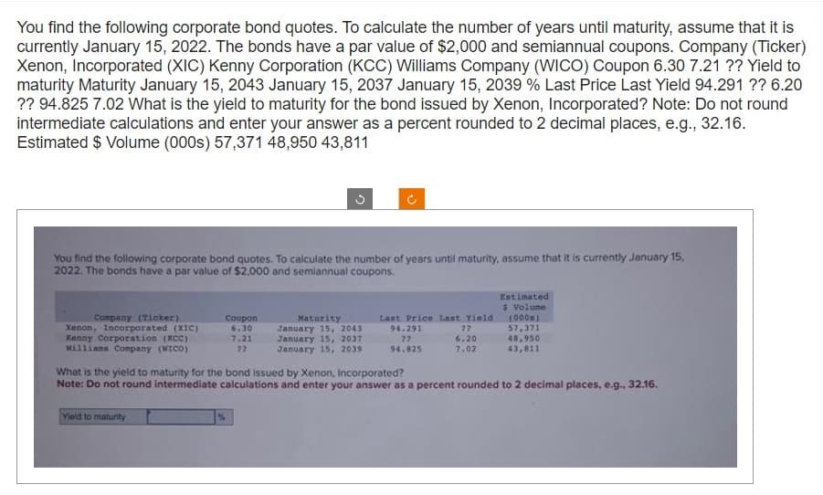 You find the following corporate bond quotes. To calculate the number of years until maturity, assume that it is
currently January 15, 2022. The bonds have a par value of $2,000 and semiannual coupons. Company (Ticker)
Xenon, Incorporated (XIC) Kenny Corporation (KCC) Williams Company (WICO) Coupon 6.30 7.21 ?? Yield to
maturity Maturity January 15, 2043 January 15, 2037 January 15, 2039 % Last Price Last Yield 94.291 ?? 6.20
?? 94.825 7.02 What is the yield to maturity for the bond issued by Xenon, Incorporated? Note: Do not round
intermediate calculations and enter your answer as a percent rounded to 2 decimal places, e.g., 32.16.
Estimated $ Volume (000s) 57,371 48,950 43,811
You find the following corporate bond quotes. To calculate the number of years until maturity, assume that it is currently January 15,
2022. The bonds have a par value of $2,000 and semiannual coupons.
Company (Ticker)
Xenon, Incorporated (XIC)
Kenny Corporation (KCC)
Williams Company (WICO)
Coupon
6.30
7.21
77
Yield to maturity
Maturity
January 15, 2043
January 15, 2037
January 15, 2039
%
Last Price Last Yield
94.291
27
22
6.20
94.825
7.02
Estimated
$ Volume
(000)
57,371
What is the yield to maturity for the bond issued by Xenon, Incorporated?
Note: Do not round intermediate calculations and enter your answer as a percent rounded to 2 decimal places, e.g., 32.16.
48,950
43,811