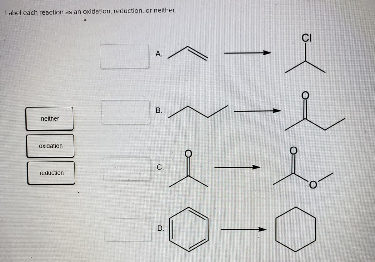 Label each reaction as an oxidation, reduction, or neither.
ヘー
~ー1
CI
A.
В.
neither
oxidation
C.
reduction
D.
