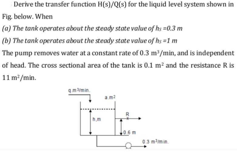 Derive the transfer function H(s)/Q(s) for the liquid level system shown in
Fig. below. When
(a) The tank operates about the steady state value of hs =0.3 m
(b) The tank operates about the steady state value of hs =1 m
The pump removes water at a constant rate of 0.3 m³/min, and is independent
of head. The cross sectional area of the tank is 0.1 m² and the resistance R is
11 m²/min.
q.m 3/min.
a.m2
R
h,m
,0.6 m
0.3 m3/min.
