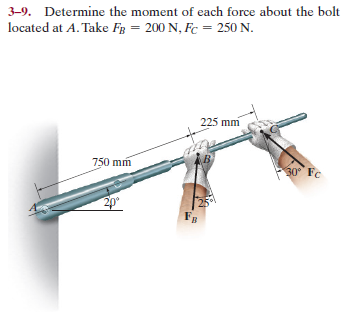 3–9. Determine the moment of each force about the bolt
located at A. Take Fg = 200 N, Fc = 250 N.
225 mm
750 mm
30° Fc
2p
FB
