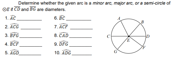 Determine whether the given arc is a minor arc, major arc, or a semi-circle of
OF if CD and BG are diameters.
1. AC
6. ВС.
B
2. ACG
7. ACF
3. BFG
8. CAD
4. ВСF
9. DFG
5. AGD_
10. ADG
