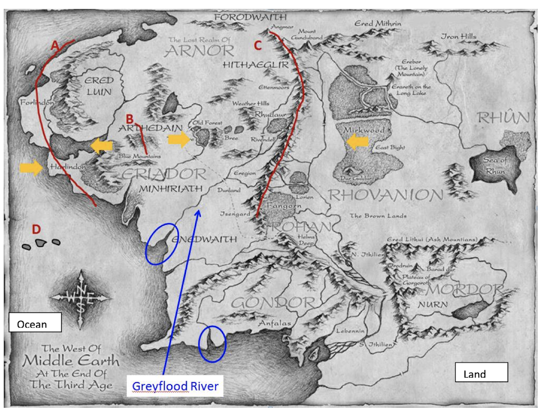 FORODWAITH
Ered Mithrin
Angmar
Mount
Gunduband
Iron Hills
The Lost Realm Of
C
ARNOR
Erebor
(The Lonely
Mountain)
HITHAEGLIR
ERED
Erareth on the
Long Lake
Etenmoors
LUIN
Forlindon
Weather tills
RHÛN
Rhudaur
B.
ARTHEDAIN
Old Forest
Mirkwood
Bre
Rivndell
East Bight
Blue Mountains
Hadindon
GRIADOR
ca of
Rhun
Eregion
MINHIRIATH
Dunland
RHOVANION
CUD Lorien
Fangorn
Isengard
The Brown Lands
OFAN
ENEDWAITH
Helms
Deep
Ered Lithui (Ash Mountians)
EN. Jihilien
Barad dr
Plateau
MORDOR
GONDOR
NURN
Ocean
Anfalas
Lebennin
Jthilien
The West Of
Middle Earth
At The End Of
The Third Age
Land
Greyflood River
