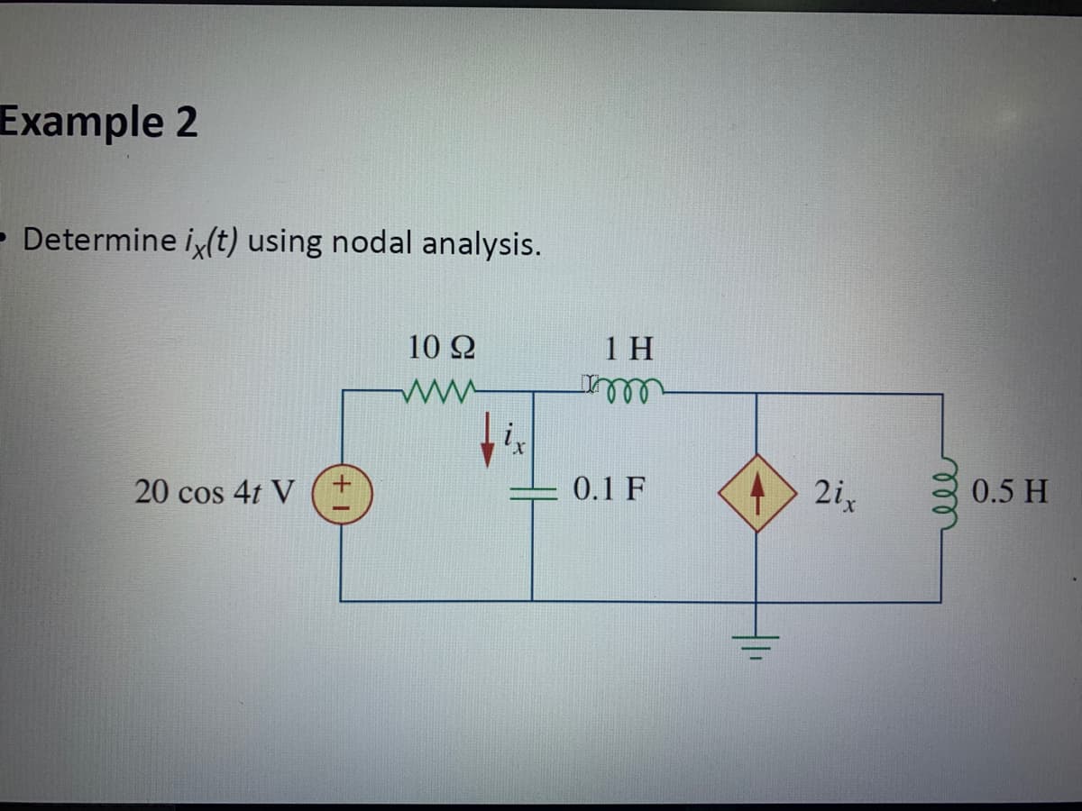 Example 2
- Determine i(t) using nodal analysis.
10 2
1 H
20 cos 4t V
0.1 F
2i
0.5 H
ele
