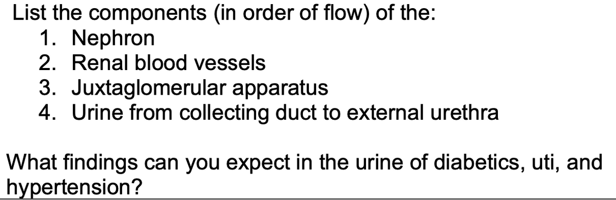**Kidney Function and Urine Formation**

### Components (in order of flow):

1. **Nephron**: The basic structural and functional unit of the kidney where blood filtration and urine formation begin.
2. **Renal blood vessels**: A network of arteries and veins that supply blood to and from the kidneys, playing a crucial role in the filtration process.
3. **Juxtaglomerular apparatus**: A structure that helps regulate blood pressure and the filtration rate of the glomerulus.
4. **Urine from collecting duct to external urethra**: The pathway by which urine collects in the collecting ducts and is then transported to the bladder and subsequently excreted from the body via the urethra.

### Findings in Urine in Different Conditions:

- **Diabetes**: The presence of glucose in the urine (glycosuria) and ketones may be found.
- **Urinary Tract Infection (UTI)**: The urine may contain bacteria, white blood cells (leukocytes), and possibly red blood cells, indicating infection and inflammation.
- **Hypertension**: Protein (proteinuria) may be present in the urine due to damage to the blood vessels in the kidneys caused by high blood pressure.

Understanding these components and their functions is crucial for comprehending how the kidneys maintain homeostasis, filter blood, and produce urine. Moreover, analyzing urine samples can provide valuable insights into a person's health, particularly in diagnosing conditions like diabetes, UTIs, and hypertension.