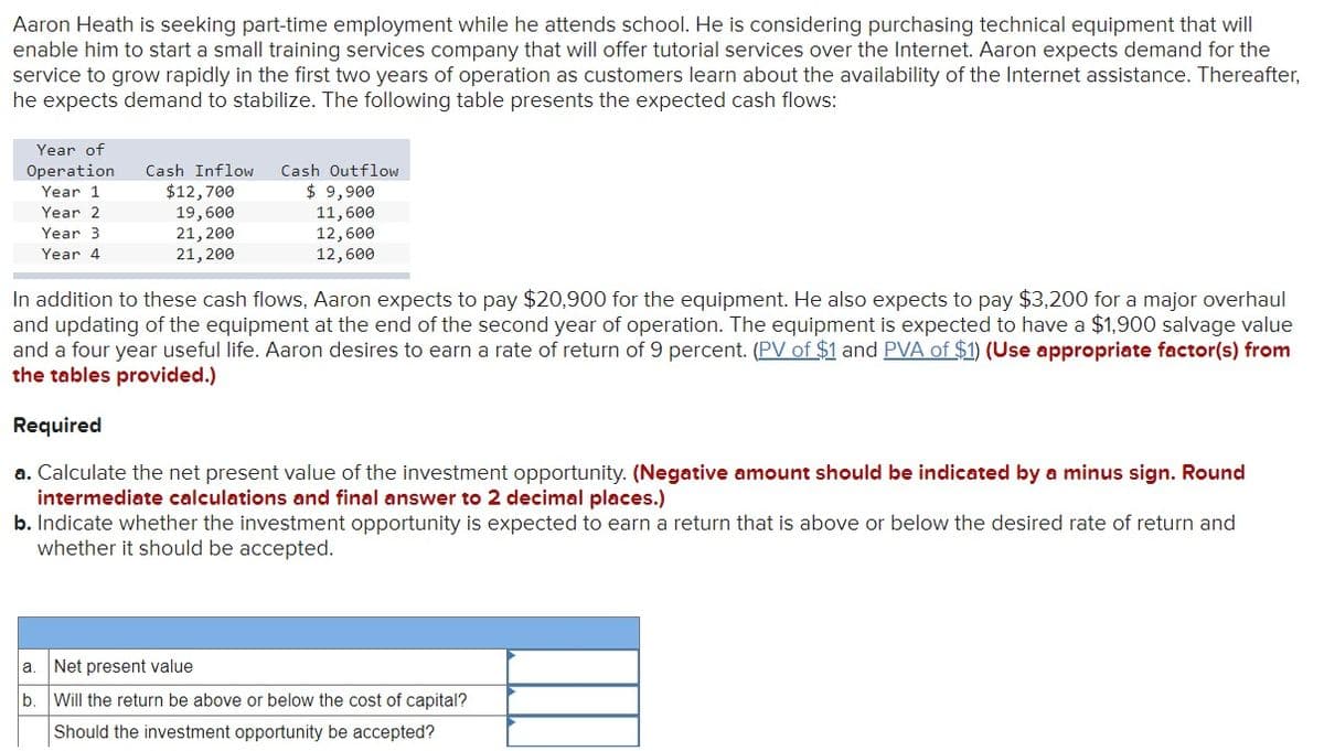 Aaron Heath is seeking part-time employment while he attends school. He is considering purchasing technical equipment that will
enable him to start a small training services company that will offer tutorial services over the Internet. Aaron expects demand for the
service to grow rapidly in the first two years of operation as customers learn about the availability of the Internet assistance. Thereafter,
he expects demand to stabilize. The following table presents the expected cash flows:
Year of
Operation
Year 1
Year 2
Year 3.
Year 4
Cash Inflow
$12,700
19,600
21, 200
21, 200
Cash Outflow
$ 9,900
11,600
12,600
12,600
In addition to these cash flows, Aaron expects to pay $20,900 for the equipment. He also expects to pay $3,200 for a major overhaul
and updating of the equipment at the end of the second year of operation. The equipment is expected to have a $1,900 salvage value
and a four year useful life. Aaron desires to earn a rate of return of 9 percent. (PV of $1 and PVA of $1) (Use appropriate factor(s) from
the tables provided.)
Required
a. Calculate the net present value of the investment opportunity. (Negative amount should be indicated by a minus sign. Round
intermediate calculations and final answer to 2 decimal places.)
b. Indicate whether the investment opportunity is expected to earn a return that is above or below the desired rate of return and
whether it should be accepted.
a. Net present value
b. Will the return be above or below the cost of capital?
Should the investment opportunity be accepted?