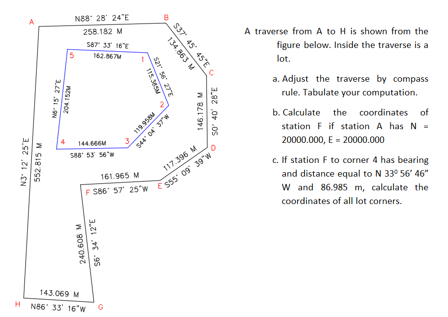 A
N88 28' 24"E
258.182 M
A traverse from A to H is shown from the
S87* 33' 16"E
5
figure below. Inside the traverse is a
162.867M
1
lot.
a. Adjust the traverse by compass
rule. Tabulate your computation.
b. Calculate
the
coordinates of
station F if station A has N =
3.
s88° 53' 56"W
144.666M
20000.000, E = 20000.000
c. If station F to corner 4 has bearing
117.396 M
161.965 M
and distance equal to N 33° 56' 46"
W and 86.985 m, calculate the
coordinates of all lot corners.
143.069 M
H
N86 33' 16"W
G
N6* 15 27E
204.152M
N3° 12' 25"E
552.815 M
115.385M
S21* 56' 27"E
134.863 M
S37' 45' 45"E
119.958M
$44' 04' 37"w
240.608 M
S6° 34' 12"E
146.178 M
so° 40' 28"E
