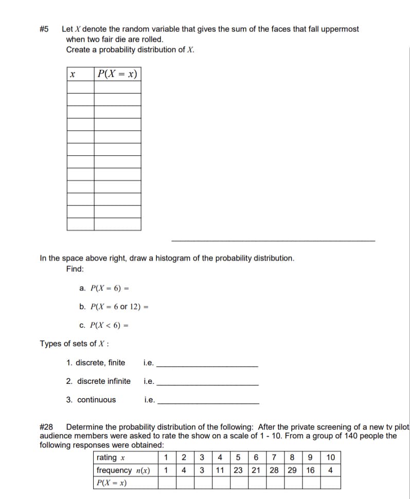 # Educational Content on Probability Distributions

## Problem #5

Let \( X \) denote the random variable that gives the sum of the faces that fall uppermost when two fair dice are rolled. Create a probability distribution of \( X \).

### Table for Probability Distribution of \( X \)
| \( x \) | \( P(X = x) \) |
|-------|--------------|
|       |              |
|       |              |
|       |              |
|       |              |
|       |              |
|       |              |

### Task
In the space provided, draw a histogram of the probability distribution.

### Questions
Find:
a. \( P(X = 6) = \)  
b. \( P(X = 6 \text{ or } 12) = \)  
c. \( P(X < 6) = \)  

### Types of Sets of \( X \):
1. Discrete, finite i.e. __________________
2. Discrete infinite i.e. __________________
3. Continuous i.e. __________________

---

## Problem #28

Determine the probability distribution of the following: After the private screening of a new TV pilot, audience members were asked to rate the show on a scale of 1 - 10. From a group of 140 people, the following responses were obtained:

### Frequency and Probability Distribution Table
| Rating \( x \)       | 1 | 2 | 3 | 4 | 5  | 6  | 7  | 8  | 9  | 10 |
|----------------------|---|---|---|---|----|----|----|----|----|----|
| Frequency \( n(x) \) | 1 | 4 | 3 | 11| 23 | 21 | 28 | 29 | 16 | 4  |
| \( P(X = x) \)       |   |   |   |   |    |    |    |    |    |    |

### Explanation
- **Histogram**: Create a histogram based on the probability values derived from the frequency distribution.
- **Probability Computation**: Calculate \( P(X = x) \) by dividing each frequency \( n(x) \) by the total number of responses (140).

Use this information to analyze and understand the distribution of the audience's ratings.