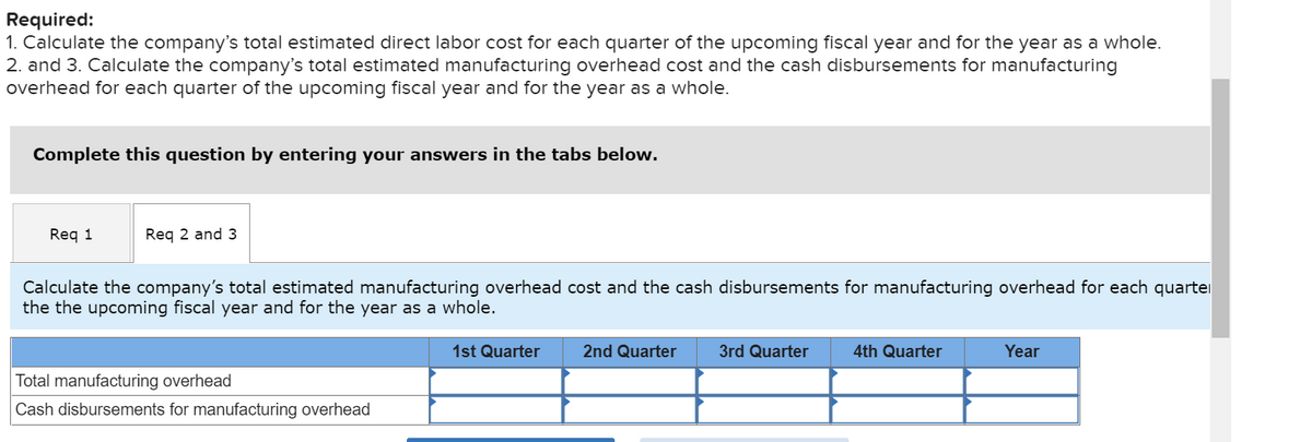 Required:
1. Calculate the company's total estimated direct labor cost for each quarter of the upcoming fiscal year and for the year as a whole.
2. and 3. Calculate the company's total estimated manufacturing overhead cost and the cash disbursements for manufacturing
overhead for each quarter of the upcoming fiscal year and for the year as a whole.
Complete this question by entering your answers in the tabs below.
Req 1
Req 2 and 3
Calculate the company's total estimated manufacturing overhead cost and the cash disbursements for manufacturing overhead for each quarte
the the upcoming fiscal year and for the year as a whole.
Total manufacturing overhead
Cash disbursements for manufacturing overhead
1st Quarter
2nd Quarter
3rd Quarter
4th Quarter
Year